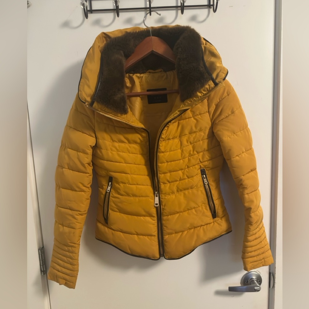 Zara Mustard Puffer Jacket with Faux Fur Hood